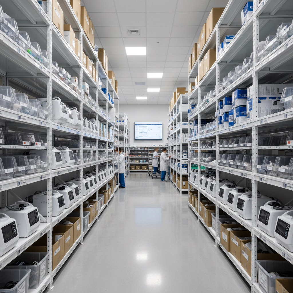 Rows of medical equipment and supplies in a DME facility